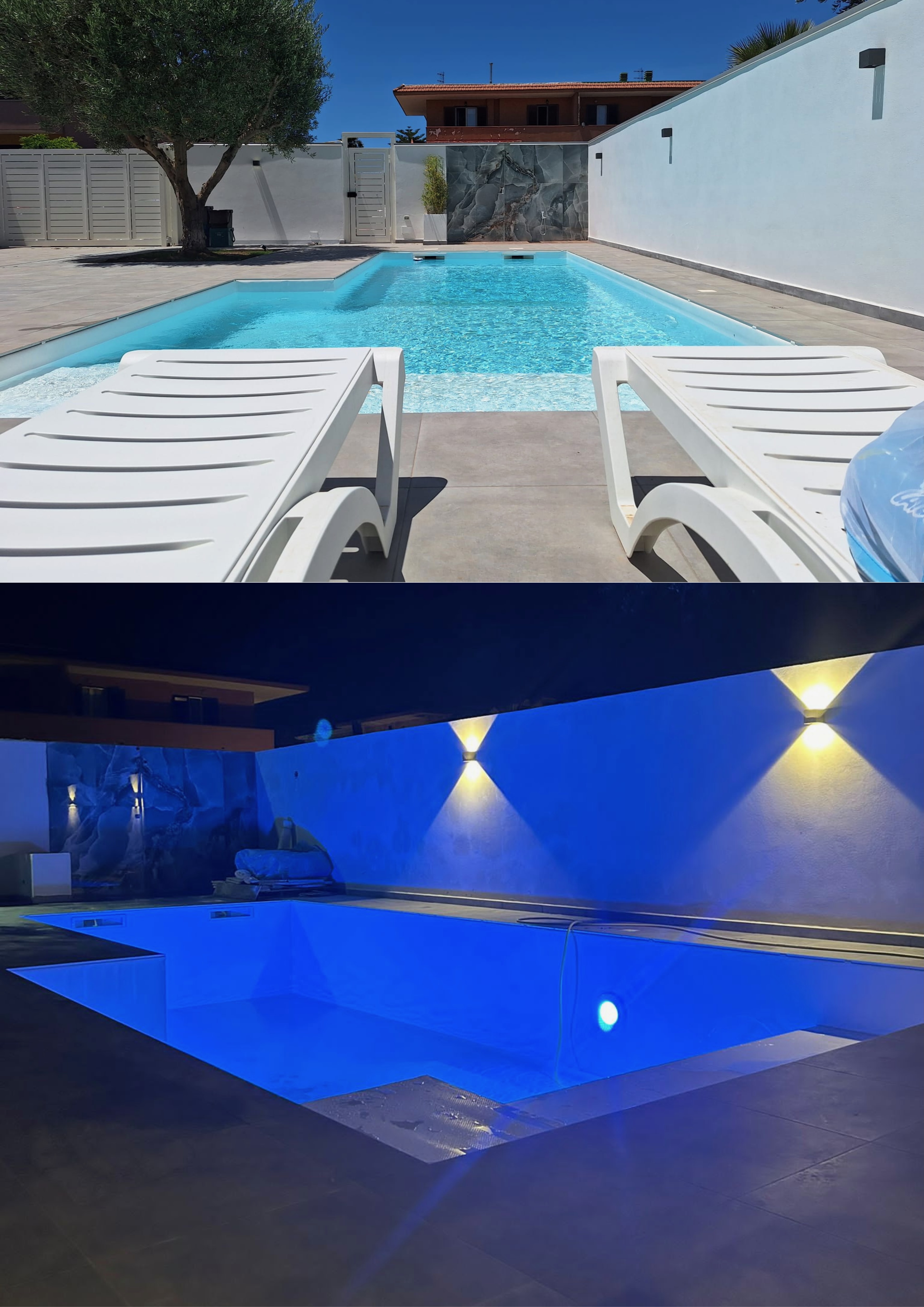 Piscina con solarium di giorno e con illuminazione la sera